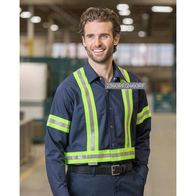 100% Cotton Work Shirt with 2" Reflective Tape, Short Sleeves, No Pockets, Snap Closures Color Navy Available sizes XS-XL  (Sold as 3's/ Pack)