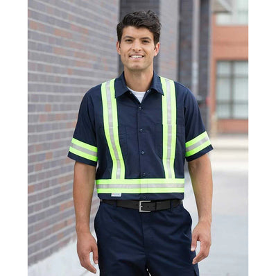 100% Cotton Work Shirt with 2" Reflective Tape, Long Sleeves, 2 Pockets Color Navy Available sizes XS-XL (Sold as 3's/ Pack)