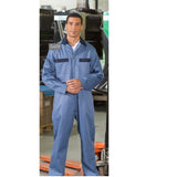 Contrast Coveralls Poly/Cotton Twill with Concealed Two-Way Zipper, Contrast Trim and Action-Back Color Postman Blue with Navy Trim Available sizes Reg-Tall (Sold as 2's/ Pack)