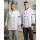 Premium Chef Coat Poly/Cotton Twill Long Sleeve with Sleeve Pocket Plastic Button Closures Color White with accent Trim Available sizes XS-XL (Sold as 6's/ Pack)