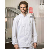 Premium Chef Coat Poly/Cotton Brushed Twill Short Sleeve with Mesh Yoke Flat Cloth-Covered Buttton Closures w/ 1 Chest Pocket and 1 Sleeve Pocket Color White Available sizes XS-XL (Sold as 6's/ Pack)