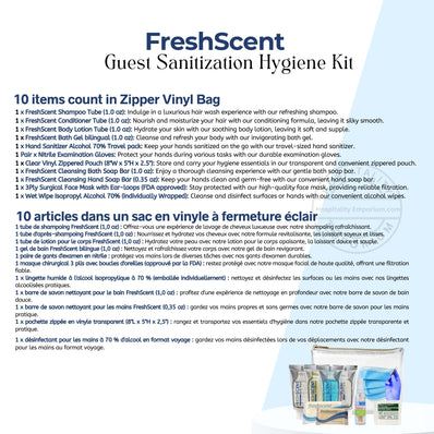Guest Sanitization Hygiene Kit FreshScent 10 items count in Zipper Vinyl Bag (Count 24's/Pack)