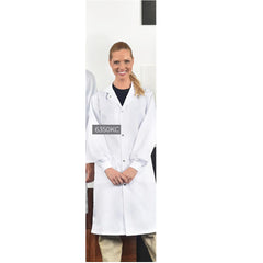 Long Coats 100% Poly No Pockets 2 Inside Pockets with Dome Closures Color White Available sizes XS-XL (Sold as 6's/ Pack)
