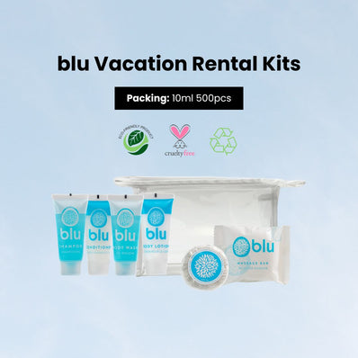 Blu Travel Kit - Shampoo, Conditioner, Body Wash, Lotion, Cleansing Bar, Massage Bar