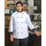 Premium Double-Breasted Chef Coat 100% Poly Twill Long Sleeve with 1 Sleeve Pocket Plastic Button Closures Color White with Black Trim Available sizes XS-XL (Sold as 6's/ Pack)