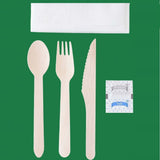 6.25'' Wooden Cutlery Kit Wrapped with Kraft Paper ( Fork. Knife. Spoon.Napkin.Salt. Papper ) 250 units/ Pack