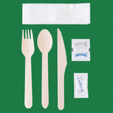 6.25'' Wooden Cutlery Kit Wrapped with Kraft Paper ( Fork. Knife. Spoon.Napkin.Sugar.Salt. Papper ) 250 units/ Pack
