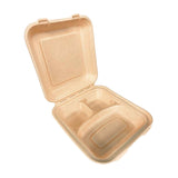 8.5''x8''x3'' Sugar Cane Natrual Kraft Clamshell 3 Compartments (100% Compostable)