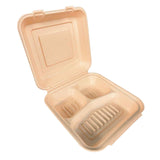 9''x9''x3'' Sugar Cane Natural Kraft Clamshell 3 Compartments (100% Compostable)