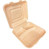 10''x10''x3'' Sugar Cane Natrual Kraft Clamshell 3 Compartments (100% Compostable)