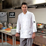 Premium Chef Coat Poly/Cotton Brushed Twill Long Sleeve with Mesh Yoke Flat Cloth-Covered Buttton Closures w/ 1 Chest Pocket and 1 Sleeve Pocket Color White Available sizes XS-XL (Sold as 6's/ Pack)