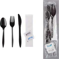6 pc Plastic Cutlery Kit Black/ White includes Knife + Fork + Spoon + Napkin + Salt + Pepper
