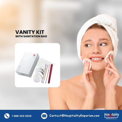 Sanitation Bag + Vanity Kit (Bamboo Ear Buds + Cotton Pads + Nail File) Guest Bathroom Amenity Premium individual Box packing (Count 200's/Pack)