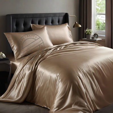 KING Bed Sheet Set (Flat x1 + Fitted x1 + PC X2) in Elegant colors RED / CHAMPAGNE / CHARCOAL GREY / SILVER Fabric Luxury Satin 4pc/ Set Clearance Price $20/ set - bu