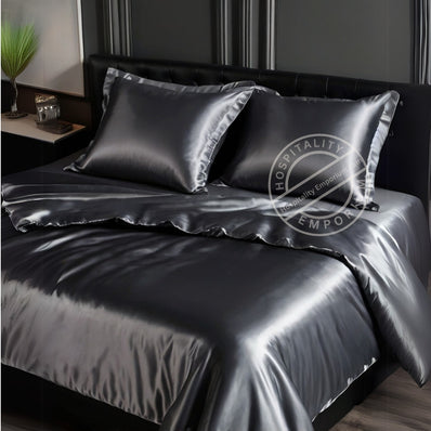 KING Bed Sheet Set (Flat x1 + Fitted x1 + PC X2) in Elegant colors RED / CHAMPAGNE / CHARCOAL GREY / SILVER Fabric Luxury Satin 4pc/ Set Clearance Price $20/ set - bu