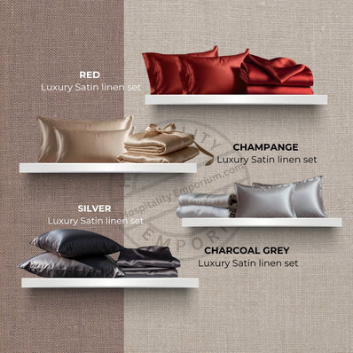 KING Bed Sheet Set (Flat x1 + Fitted x1 + PC X2) in Elegant colors RED / CHAMPAGNE / CHARCOAL GREY / SILVER Fabric Luxury Satin 4pc/ Set Clearance Price $20/ set - bu