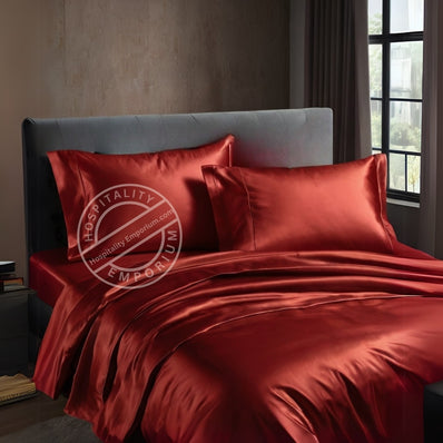 KING Bed Sheet Set (Flat x1 + Fitted x1 + PC X2) in Elegant colors RED / CHAMPAGNE / CHARCOAL GREY / SILVER Fabric Luxury Satin 4pc/ Set Clearance Price $20/ set - bu