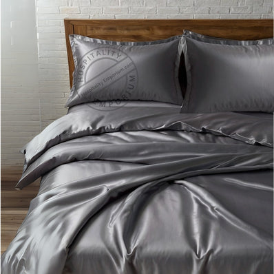 KING Bed Sheet Set (Flat x1 + Fitted x1 + PC X2) in Elegant colors RED / CHAMPAGNE / CHARCOAL GREY / SILVER Fabric Luxury Satin 4pc/ Set Clearance Price $20/ set - bu