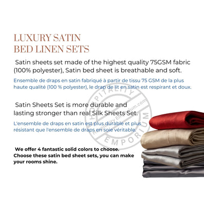 KING Bed Sheet Set (Flat x1 + Fitted x1 + PC X2) in Elegant colors RED / CHAMPAGNE / CHARCOAL GREY / SILVER Fabric Luxury Satin 4pc/ Set Clearance Price $20/ set - bu