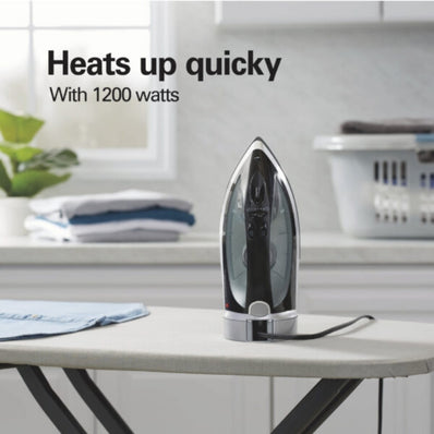 Hamilton Beach Electric Iron, Retractable Cord, ASO, Spray & Blast, Adj. Steam, Reset Button, Non-Stick Soleplate, Black/Silver