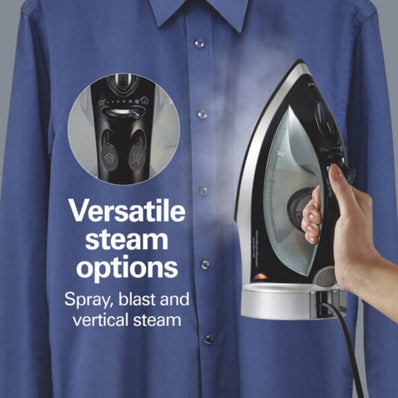 Hamilton Beach Electric Iron, Retractable Cord, ASO, Spray & Blast, Adj. Steam, Reset Button, Non-Stick Soleplate, Black/Silver