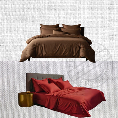 QUEEN Bed Sheet Set (Flat x1 + Fitted x1 + PC X2) in Elegant colors CHOC BROWN/ RED Fabric Extra Soft Plush Microfiber 4pc/ Set Clearance Price $20/ set