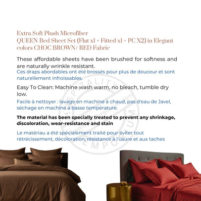 QUEEN Bed Sheet Set (Flat x1 + Fitted x1 + PC X2) in Elegant colors CHOC BROWN/ RED Fabric Extra Soft Plush Microfiber 4pc/ Set Clearance Price $20/ set