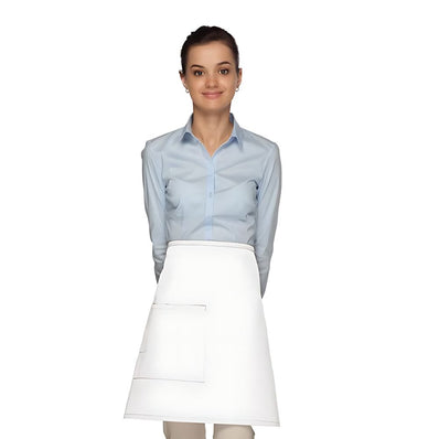 PREM. Apron SHORT BISTRO Style 2 Pockets Twill Fabric 7.25oz 65/35 P/C size 36in W X 20in L Color Black/White 6/Pack
