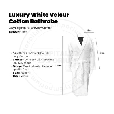 Luxury Velour (100%C Pre-Shrunk) Double Loop Cotton 500GSM Shawl Collar Bathrobe Unisex White size: MEDIUM 2/Pack