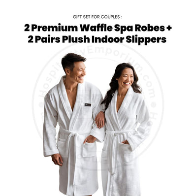 SET DE REGALO PARA PAREJAS 2 batas de spa de cuello chal con gofre de primera calidad en color blanco Tallas: M- L/XL + 2 pares de pantuflas de felpa para interiores unisex 1/paquete