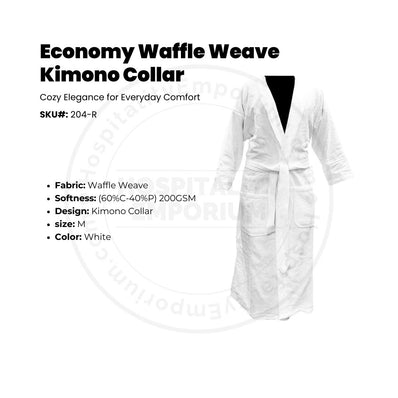Economy Waffle Weave (60%C-40%P) 200GSM Kimono Collar Bathrobes White Size: MEDIUM 2/Pack