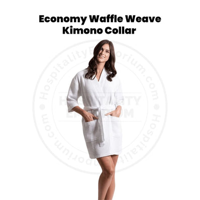 Economy Waffle Weave (60%C-40%P) 200GSM Kimono Collar Bathrobes White Size: MEDIUM 2/Pack