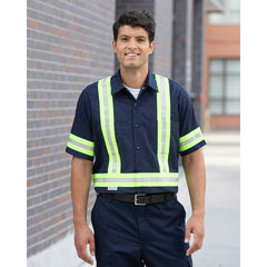 100% Cotton Work Shirt with 2â€ Reflective Tape, Long Sleeves, 2 Pockets Color Navy Available sizes XS-XL (Sold as 3's/ Pack)
