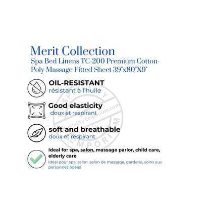 T-200 Premium Cotton-Poly Massage Fitted Sheet 39"x80"X9" White 6/ Pack Merit Collection