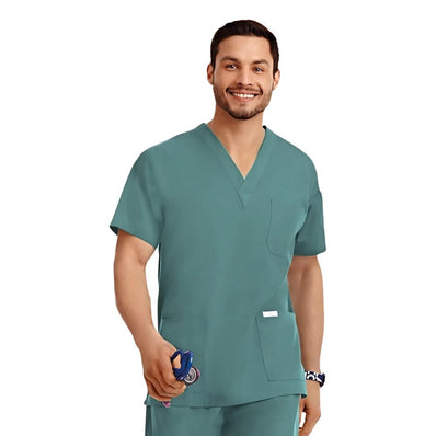 PREM. Scrub TOP SHIRT V-Neck Short Sleeve 3 Pockets Twill Fabric 4.5oz Poplin 65/35 P/C Multi-Color sizes 2XS-XL