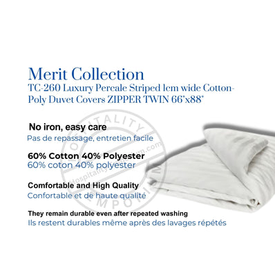 T-260 Luxury Percale Cotton-Poly Duvet Covers ZIPPER TWIN 66"x88" color: White 1cm striped 2/Pack