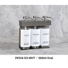 SOLera Liquid Dispenser Bracket color Satin Silver with 3-Chambers 360mL Oval Bottle & Pump with Std. White Labels