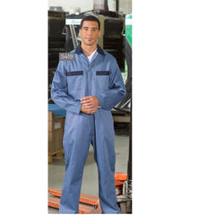 Contrast Coveralls Poly/Cotton Twill with Concealed Two-Way Zipper, Contrast Trim and Action-Back Color Postman Blue with Navy Trim Available sizes Reg-Tall (Sold as 2's/ Pack)