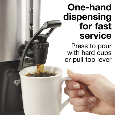 Proctor Silex Commercial, Alum. Urn, 60 cup, one hand dispensing, coffee level indicator