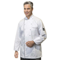 PREM. Chef Coat Master LONG SLEEVE Hand-rolled Button Closure P/C Twill Fabric Color White with Black Trim sizes XS-XL 