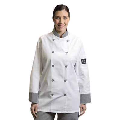 Premium Chef Coat Poly/Cotton Twill Long Sleeve with Sleeve Pocket Plastic Button Closures Color White with accent Trim Available sizes XS-XL