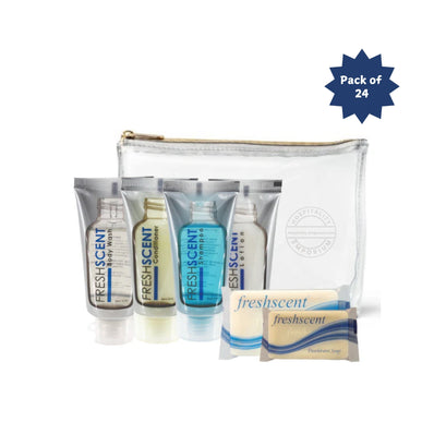 Travel Bath Toiletory Kit FreshScent 6 items count in Zipper Vinyl Bag (Count 24's/Pack)
