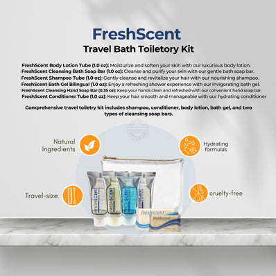 Travel Bath Toiletory Kit FreshScent 6 items count in Zipper Vinyl Bag (Count 24's/Pack)