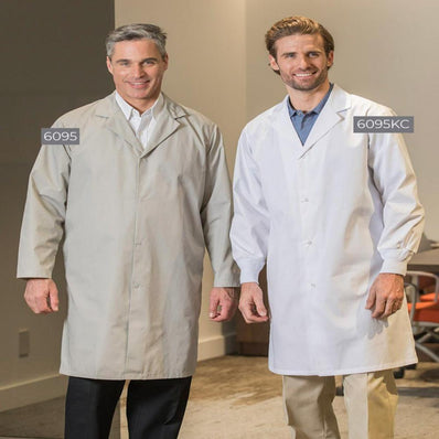 Men’s Lab Coats Poly Cotton Snap Closures Fabric twill 5.5oz Poplin 65/35 Poly/Cotton designNo Pockets color WHITE Size XS-XL