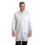 PREM. LAB Coat ESD (ElectroStatic Discharge) Snap Closures 2 Lower+1 Chest+1 Sleeve Pockets and Extra Long/Hip Length sizes XS-XL Color White/Royal Blue 