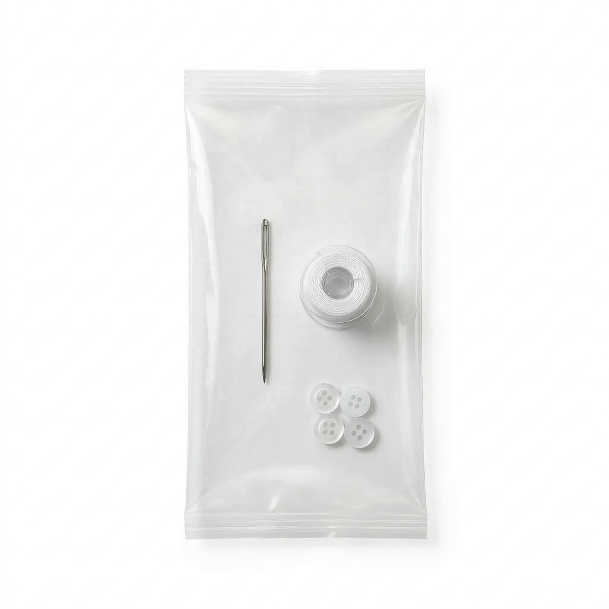 Sewing Kit clear bag (Steel Needle, Thread, Buttons) Guest Bathroom Amenity in White Plastic Bulk Packing