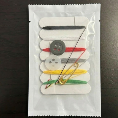 Sewing Kit clear bag (Steel Needle, Thread, Buttons) Guest Bathroom Amenity in White Plastic Bulk Packing