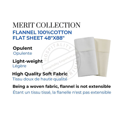 Flannel 100%Cotton Flat Sheet 50"x90" color WHITE Merit Collection 6/Pack