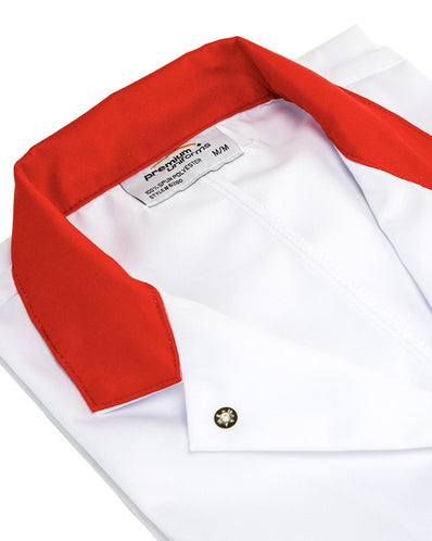 Long Coat Dome Closure Custom Trim Collar 1 inside Pocket Twill 100% Poly White sizes XS-XL 