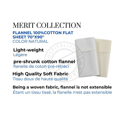 Flannel 100%Cotton Flat Sheet 70"x90" color NATURAL Merit Collection 6/Pack